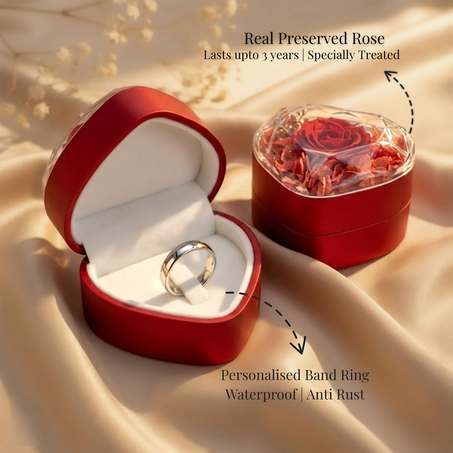 Valentine's Heart Shaped Preserved Rose Jewellery Box With Rings - Image 5