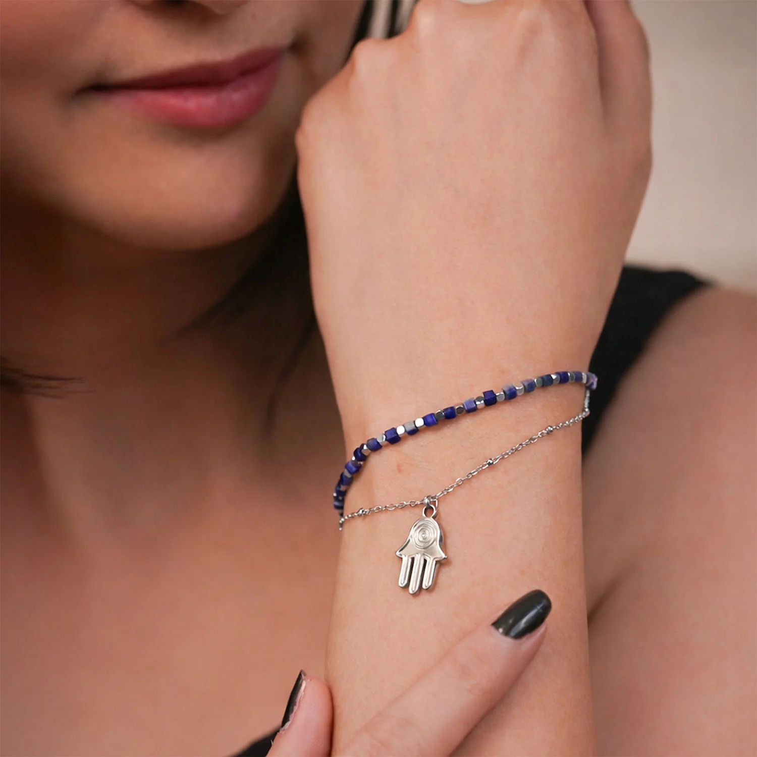 Zaria Layered Silver Bracelet with Lapis Lazuli Beads - Image 2